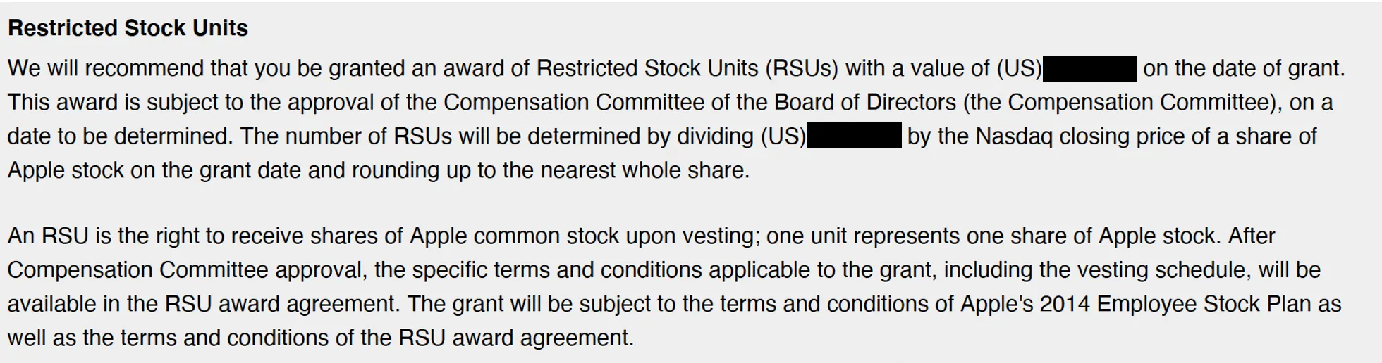 Apple RSU offer letter