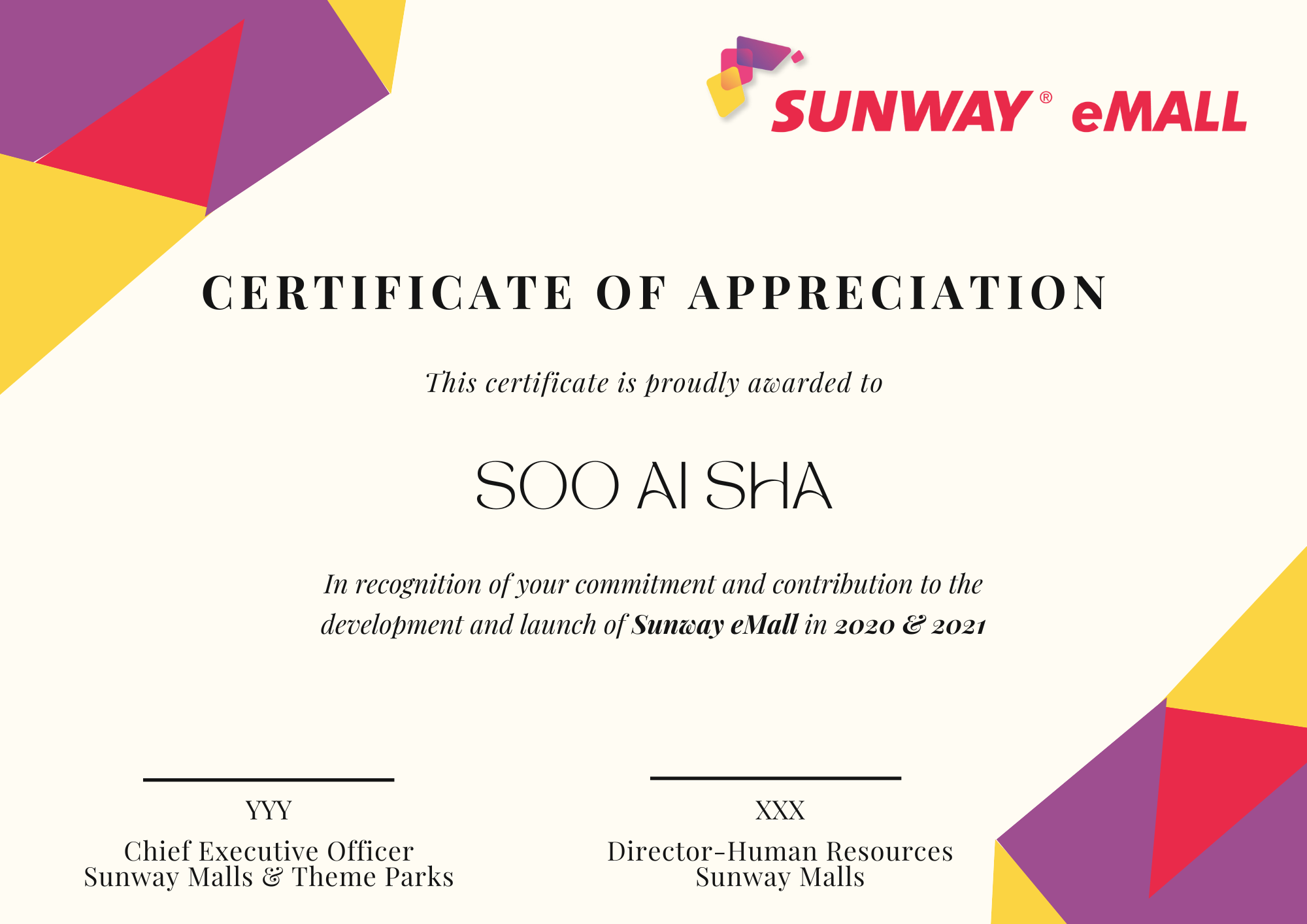 Sunway EMall Appreciation Certificate