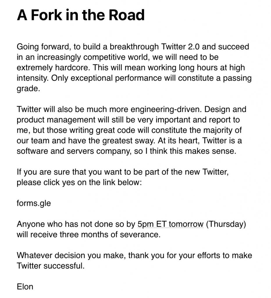 memorando enviado por elon musk aos colaboradores do twitter