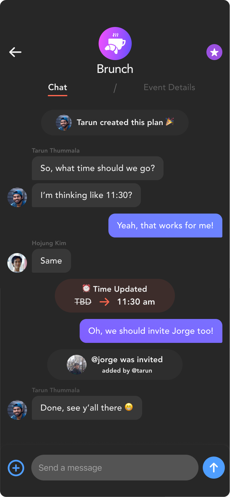 Gathr brunch chat screenshot