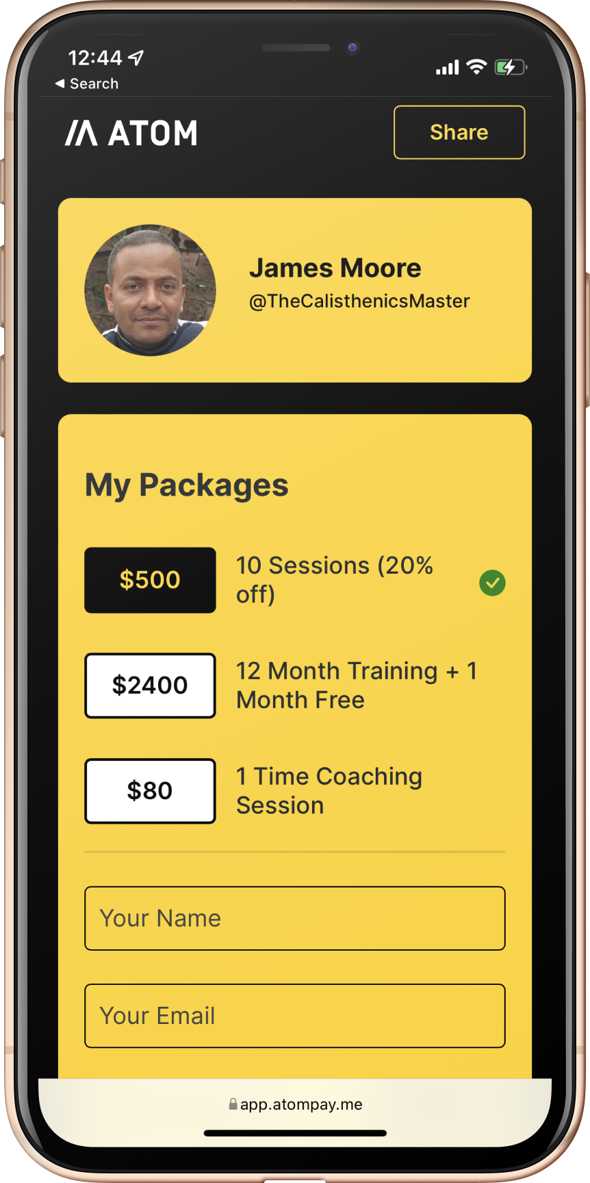 AtomPay screen James profile