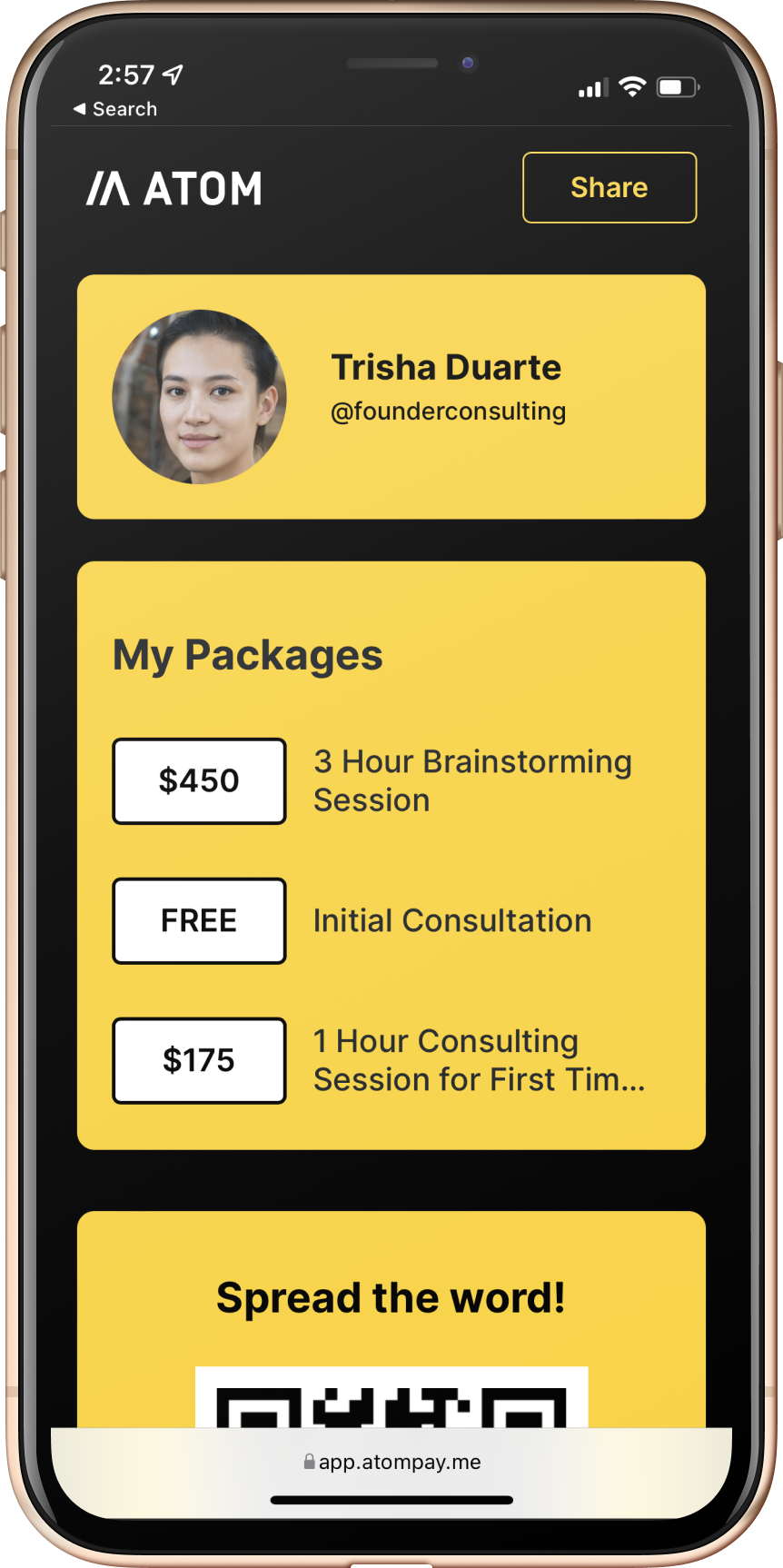 AtomPay screen Trisha profile