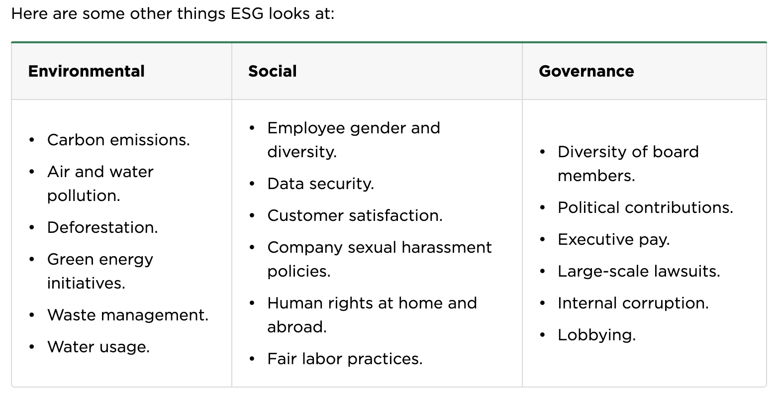 things ESG investing looks at