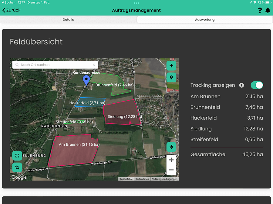 Screenshot aus der FarmAct Software, darauf zu sehen sind die Felder, welche eingezeichnet werden können.