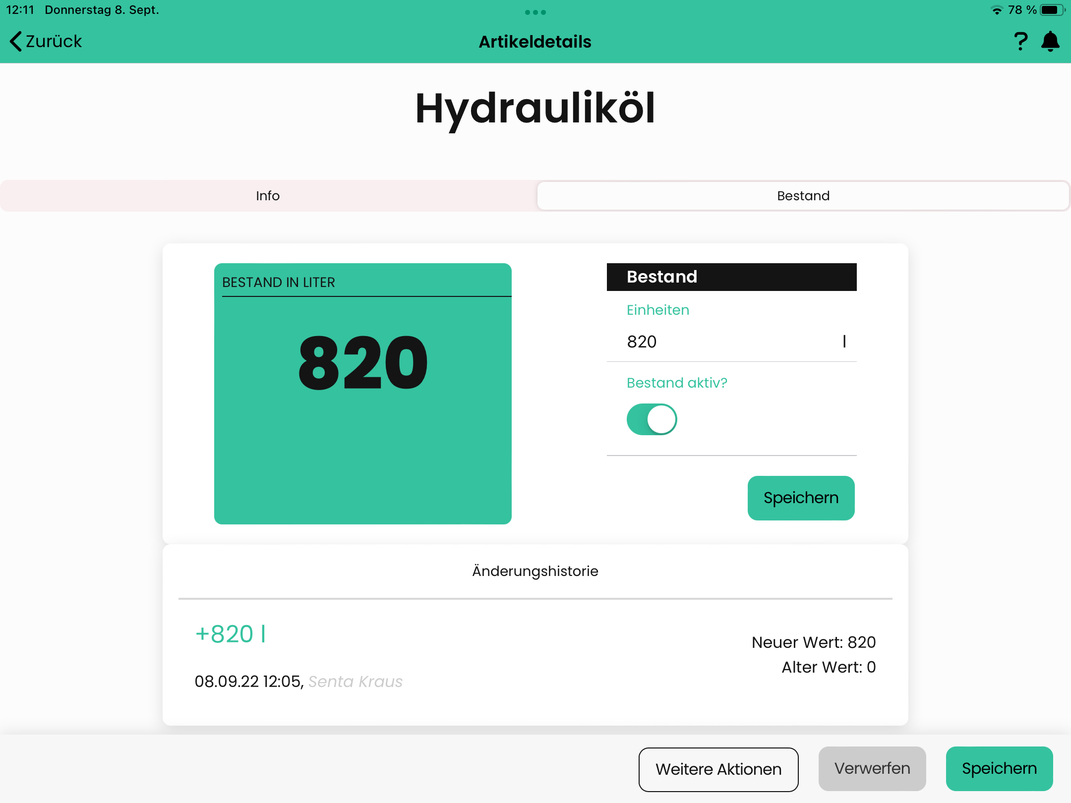 Screenshot aus der Software, darauf zu sehen ist die Bestandsansicht.