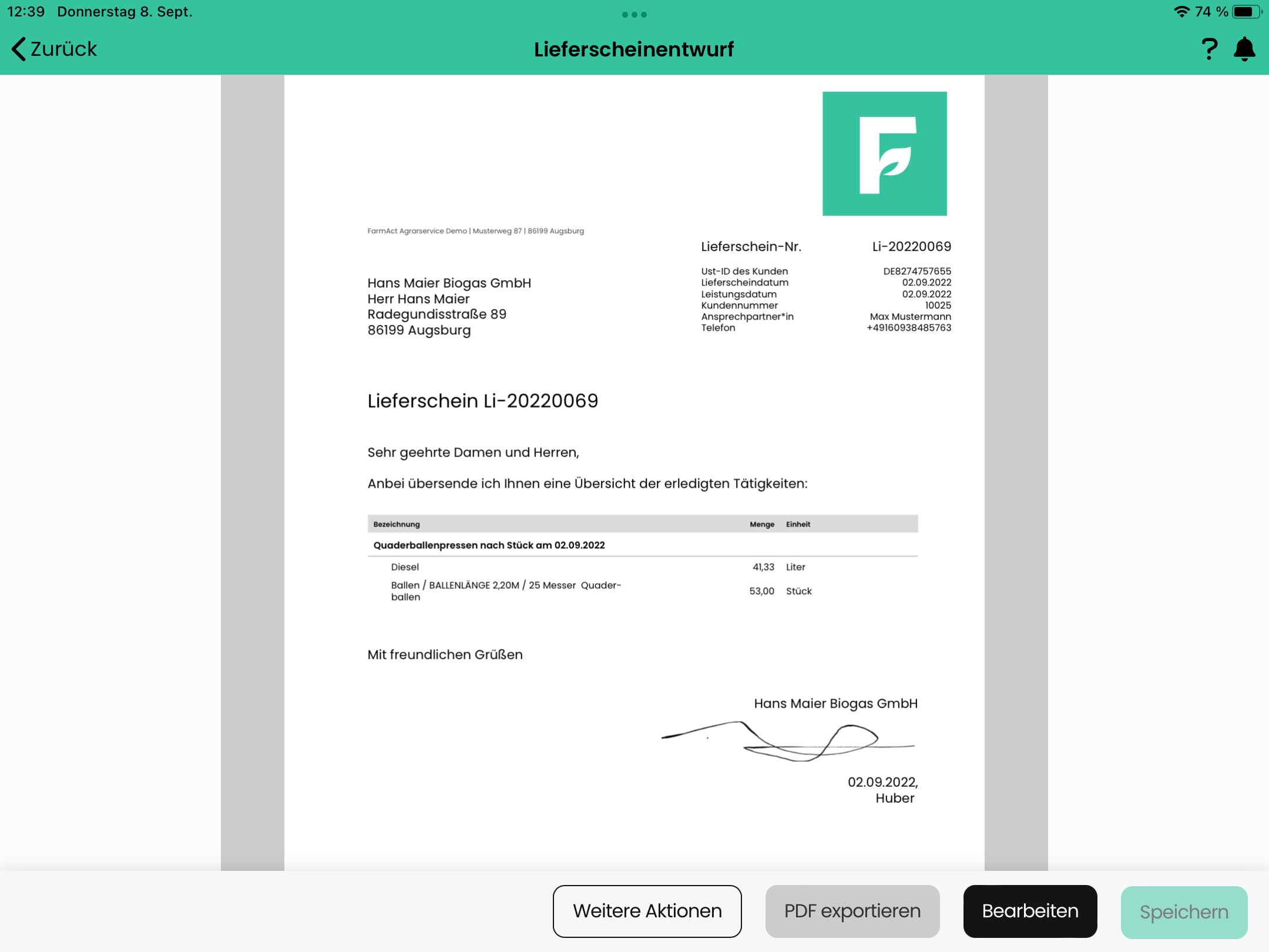 Screenshot aus der Software, darauf zu sehen ist ein Lieferscheinentwurf.
