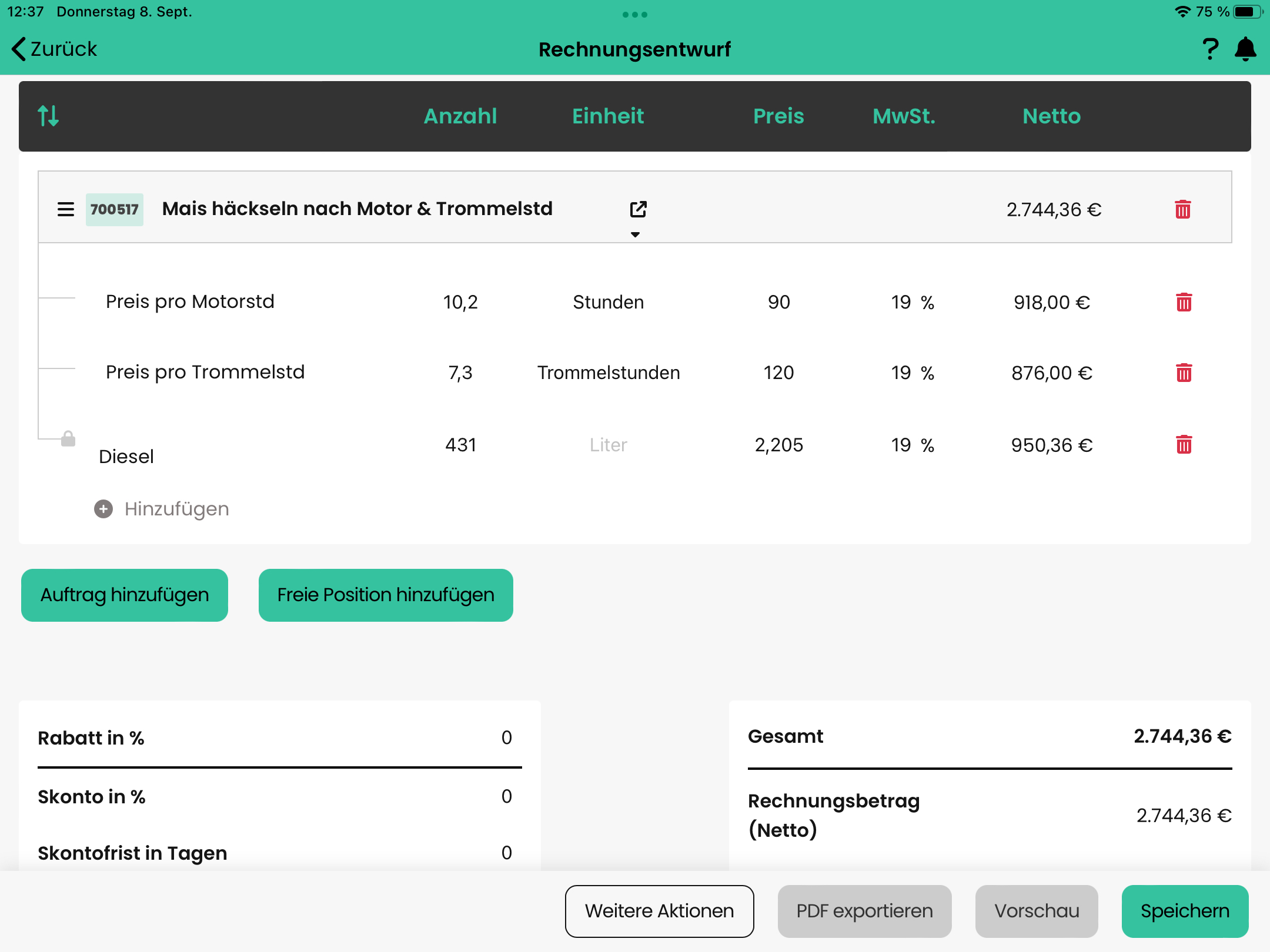 Screenshot aus der Software, darauf zu sehen ist ein Rechnungsentwurf.