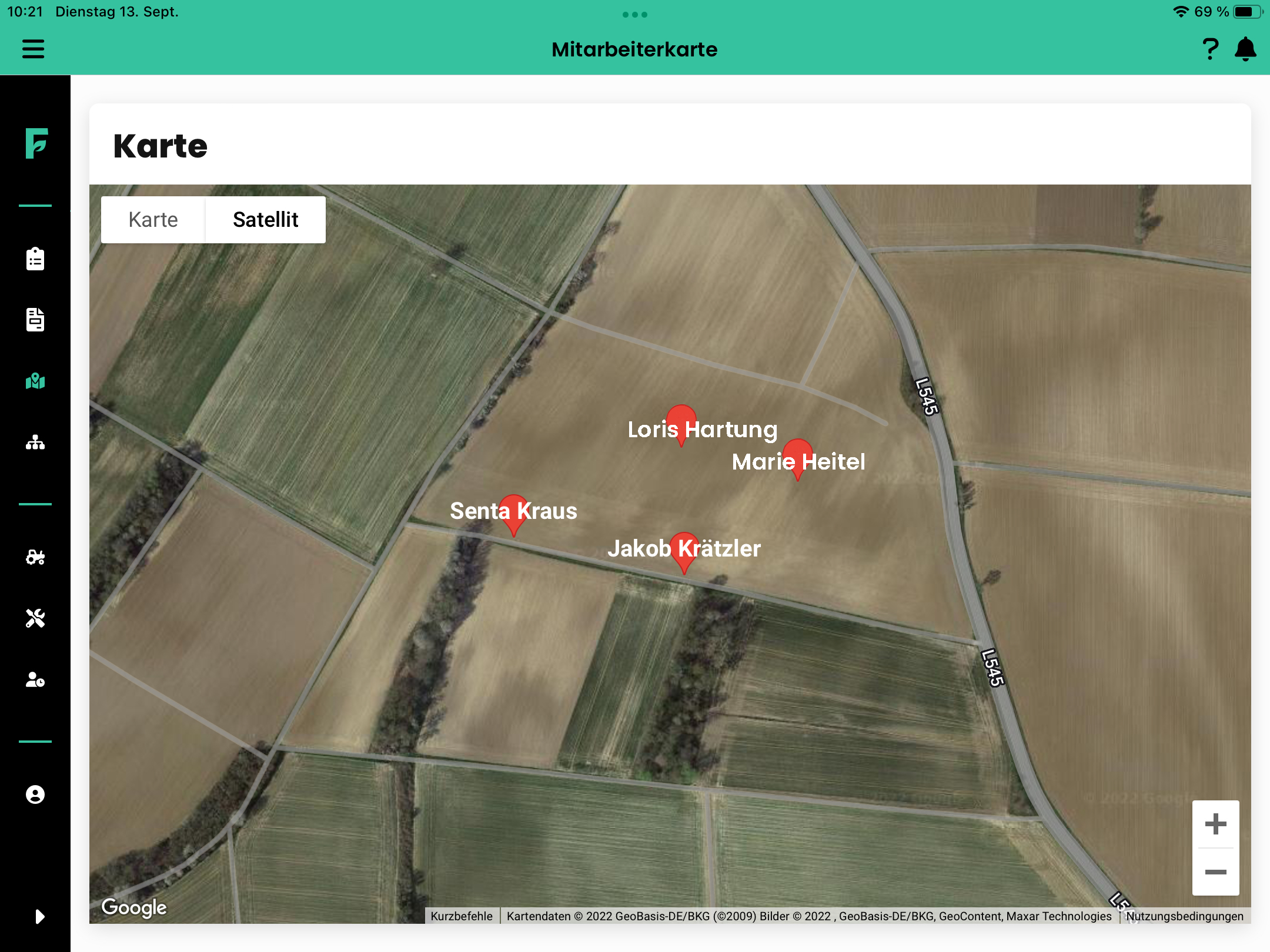ve-Mitarbeiterkarte. Alle Fahrer können die Standorte ihrer Kollegen sehen in FarmAct