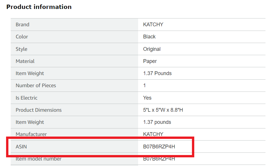 how to find an Amazon ASIN – product details