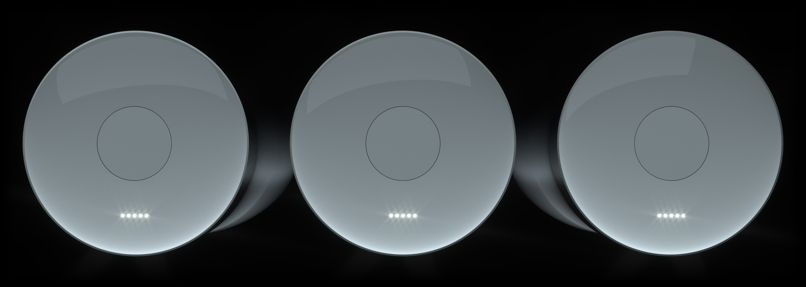 Three Carbique bottles with top view, with CO2 indicators showing full charge