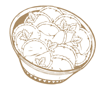 Digital drawing of perogies in a bowl.
