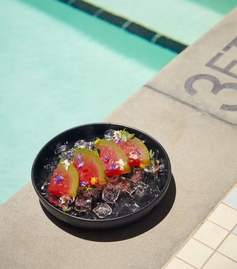 Picture of watermelon dish by the pool