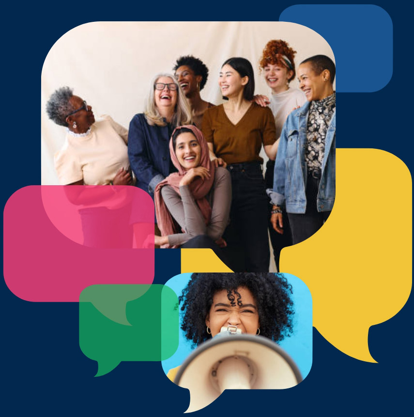 collage of colored speech bubbles with imaged of women