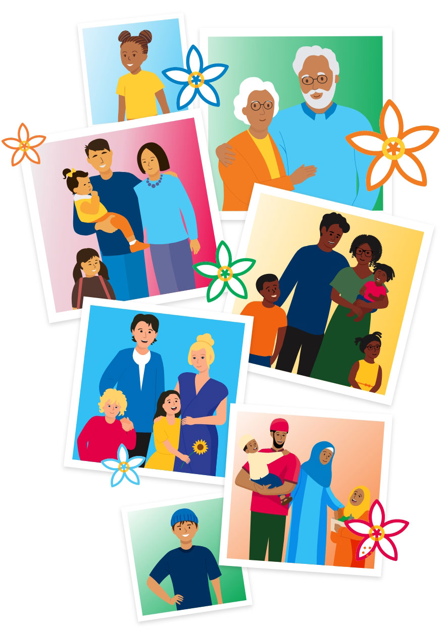 collage of illustration images of different families