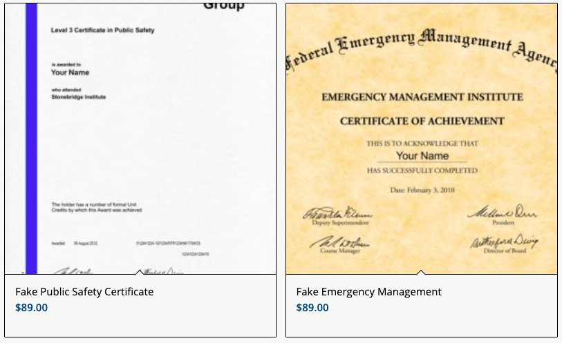 Options from a fake diploma site