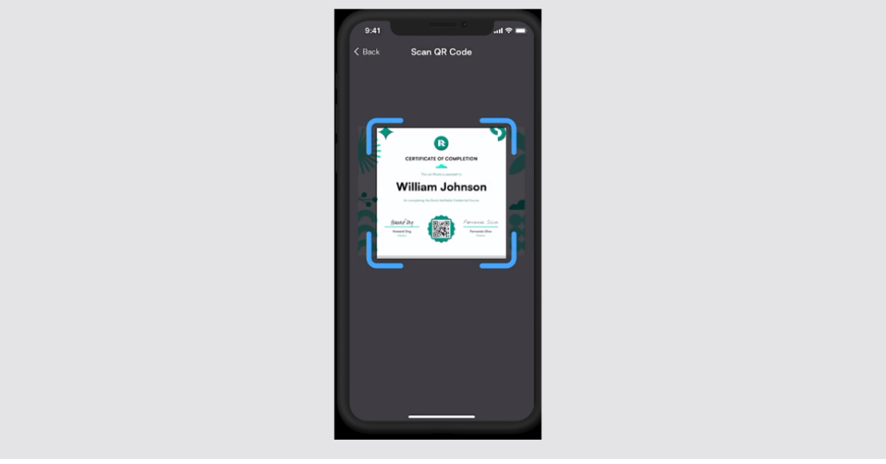 Scanning a credential issued by Dock's digital credential platform