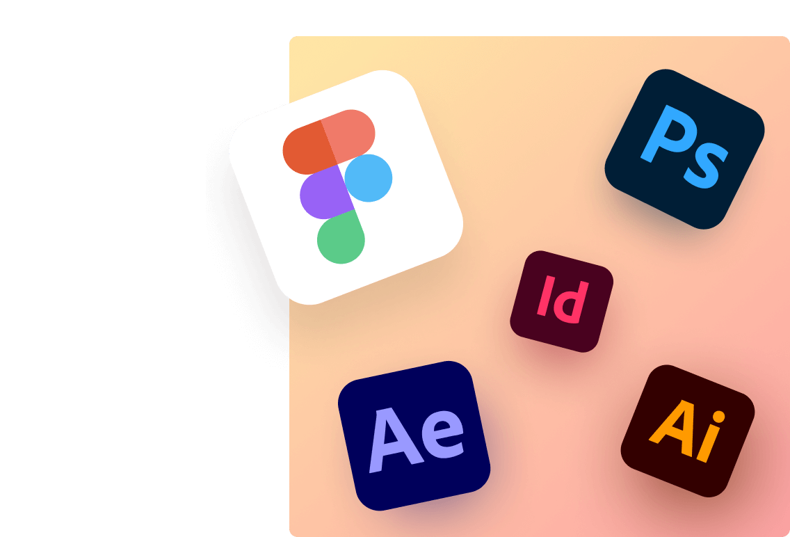 A cluster of design application chips in clock-wise order. Photoshop 1pm, Illustrator 5pm, After Effects 7pm and Figma 11pm. On a square with yellow to peach linear gradient
