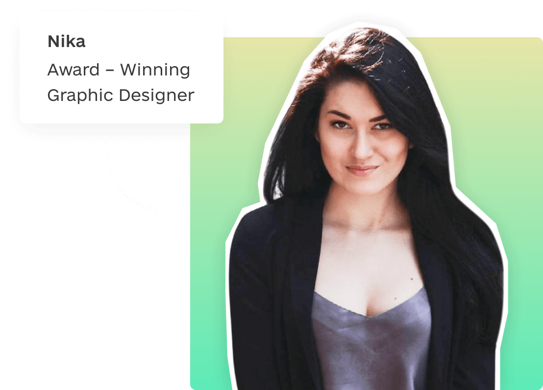 silhouette of a young woman smiling wearing a black jacket and grey blouse. On a square shape with a yellow to lime-green linear gradient.