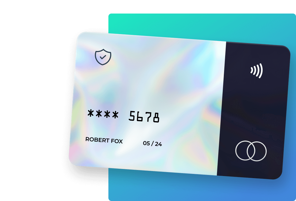 A credit card with a satin holographic pattern on the left and midnight blue on the right. Floating above a green to sky blue linear gradient.