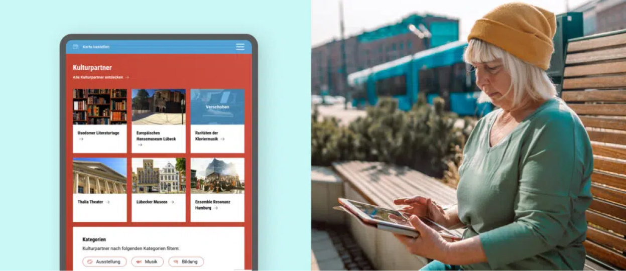 Collage zeigt links den Veranstaltungskalender der Website der NDR Kultur Karte. Rechts ist eine Frau mittleren Alters abgebildet. Sie hält ein iPad in den Händen.