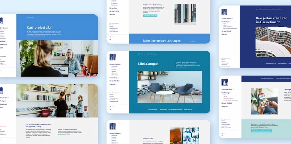 Collage zeigt mehrere Screens der Website von Libri Barsortiment