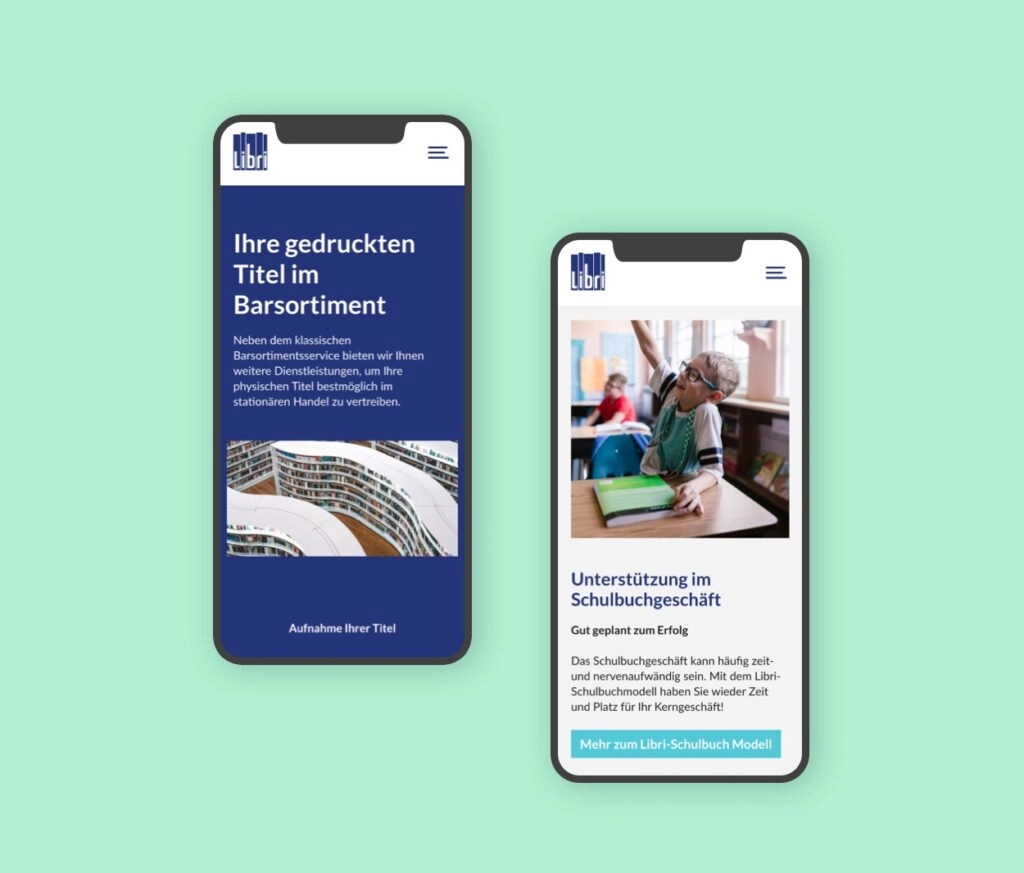 zwei Smartphones zeigen Ausschnitte aus der Website von Libri Barsortiment