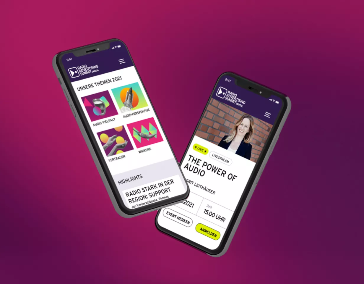 zwei Smartphones zeigen Ausschnitte der Website des Radio Advertising Summit