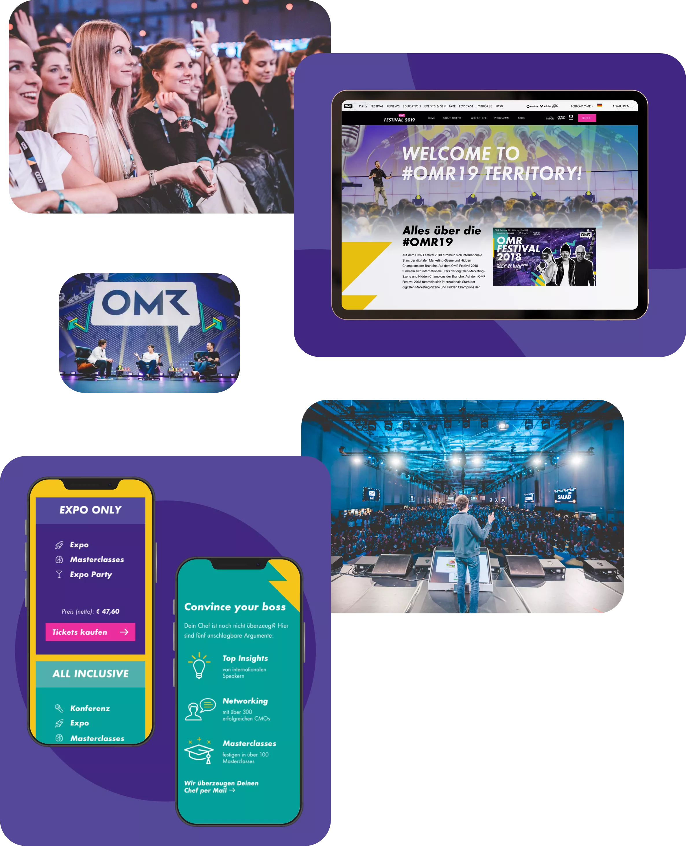 Collage zeigt OMR Webdesign in Smartphones und Phillipp Westermeyer auf der OMR Bühne
