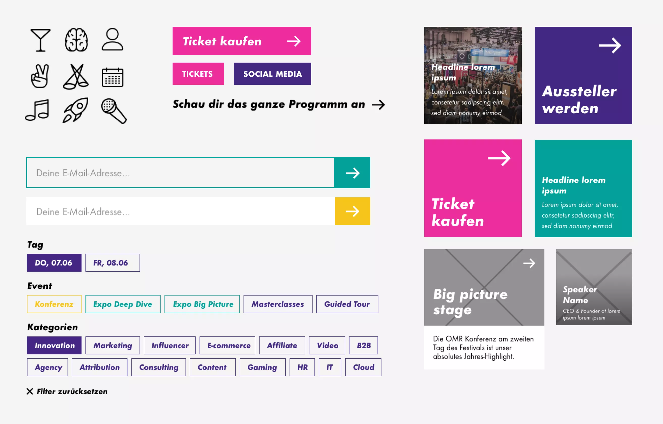 Collage zeigt verschiedene Designelemente des OMR Webdesign