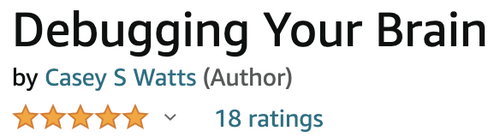 Amazon's reviews for Debugging Your Brain, showing 18 reviews, and an average of 5 stars.