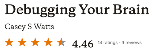 Goodreads reviews for Debugging Your Brain, showing 13 ratings, and an average of 4.46 stars.
