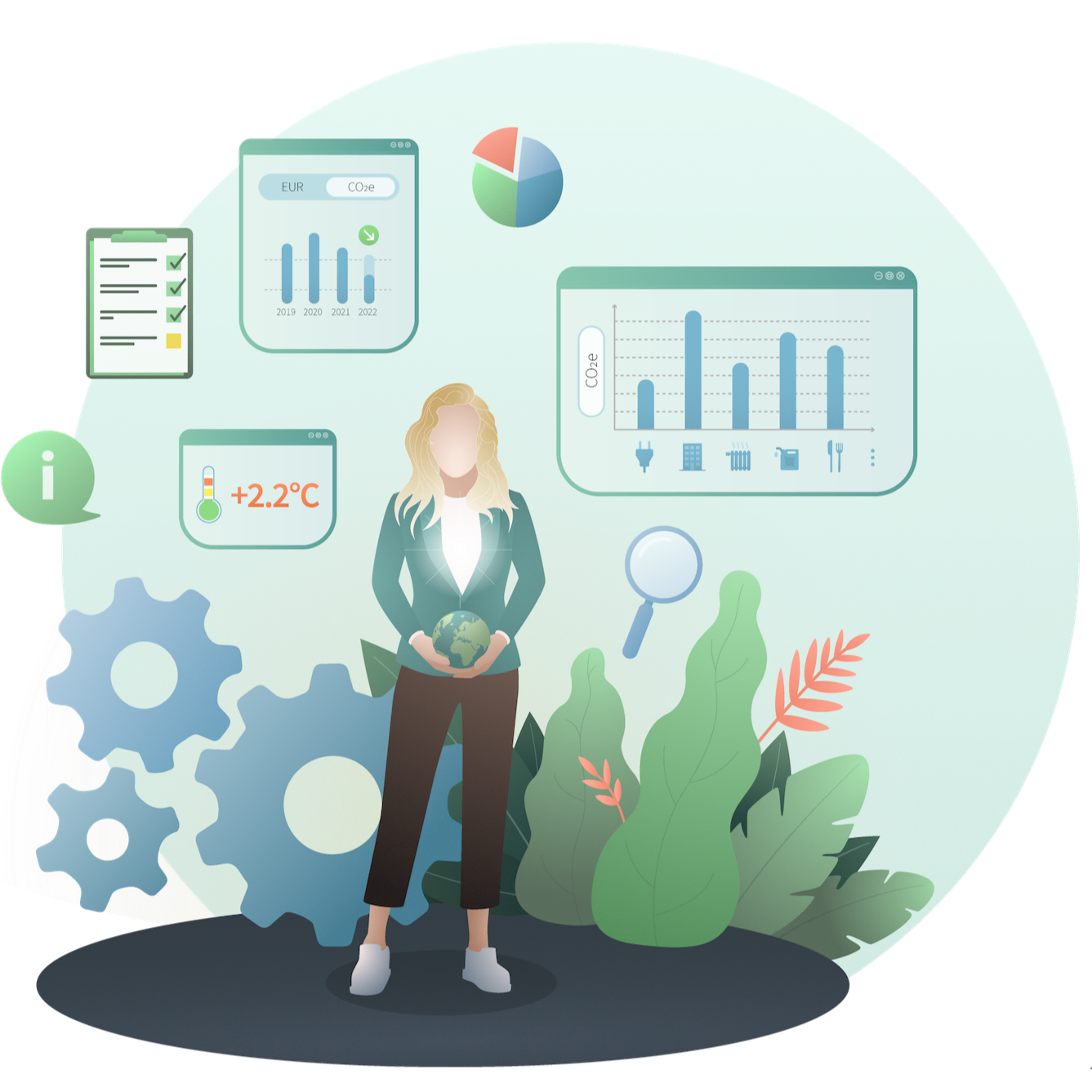 A woman standing in front of a green circle with plants