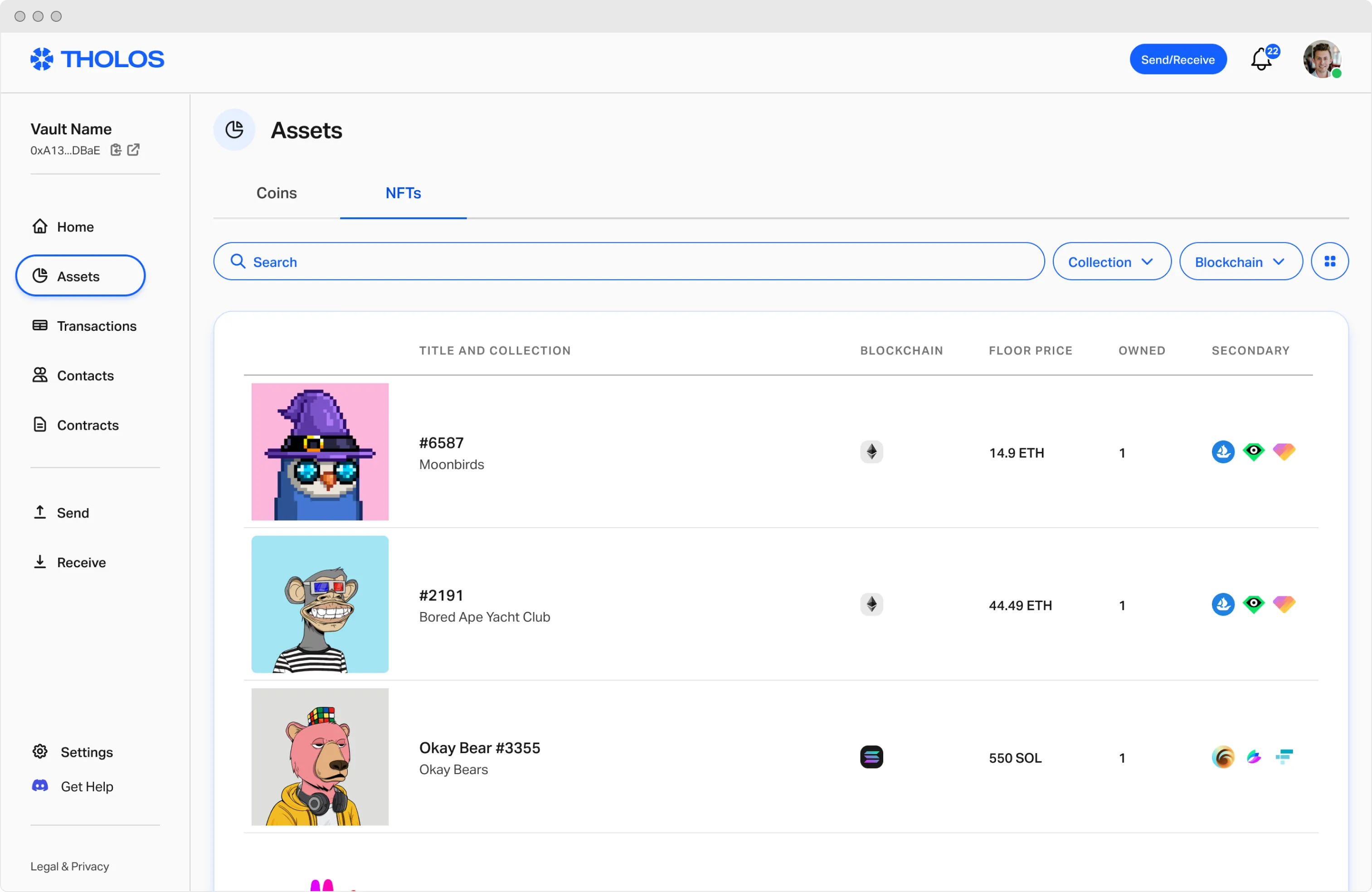 Tholos NFTs dashboard screenshot