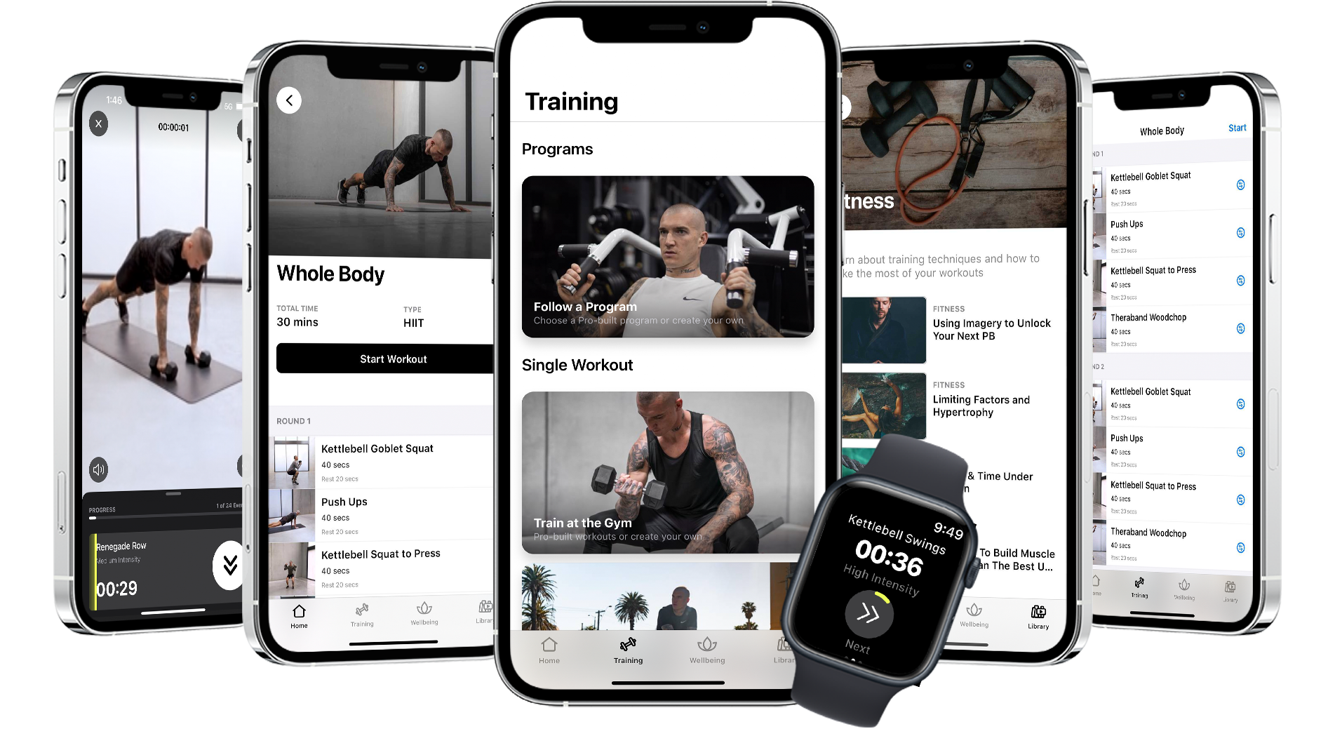 Six iPhone screen interfaces with DRIP Fitness App content and a Apple watch mockup