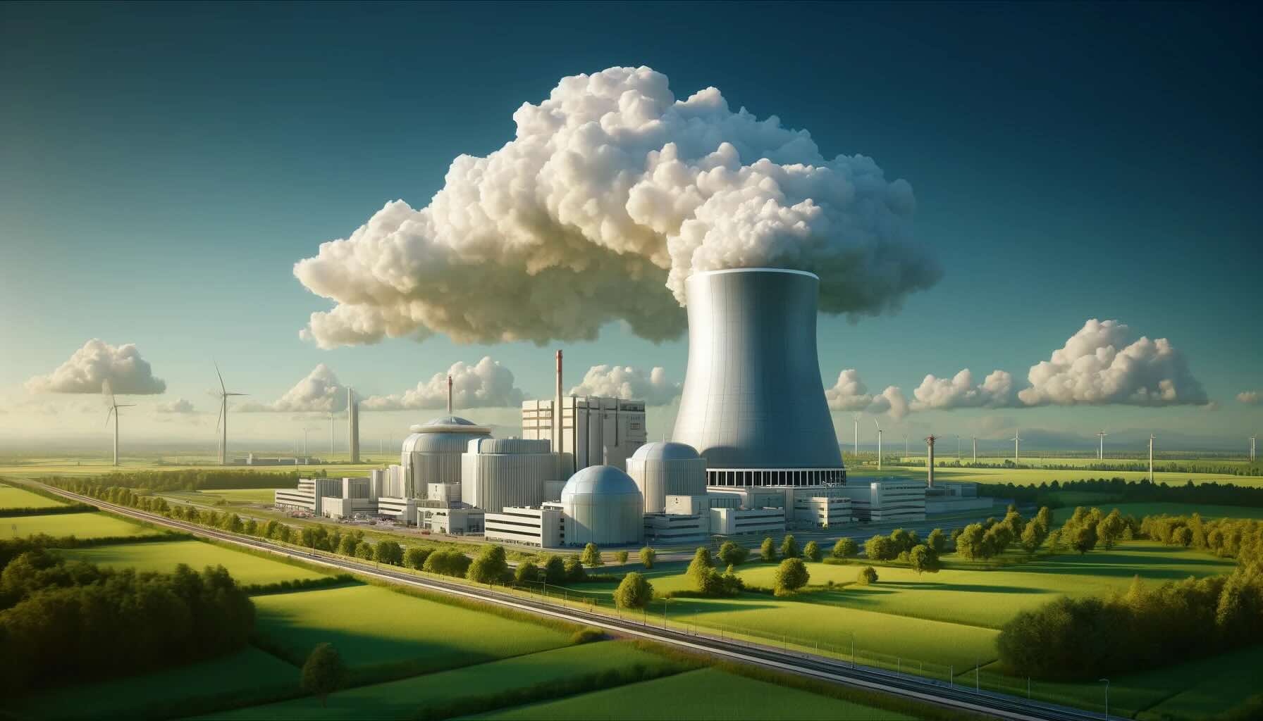AI gegenereerde kerncentrale in groene omgeving
