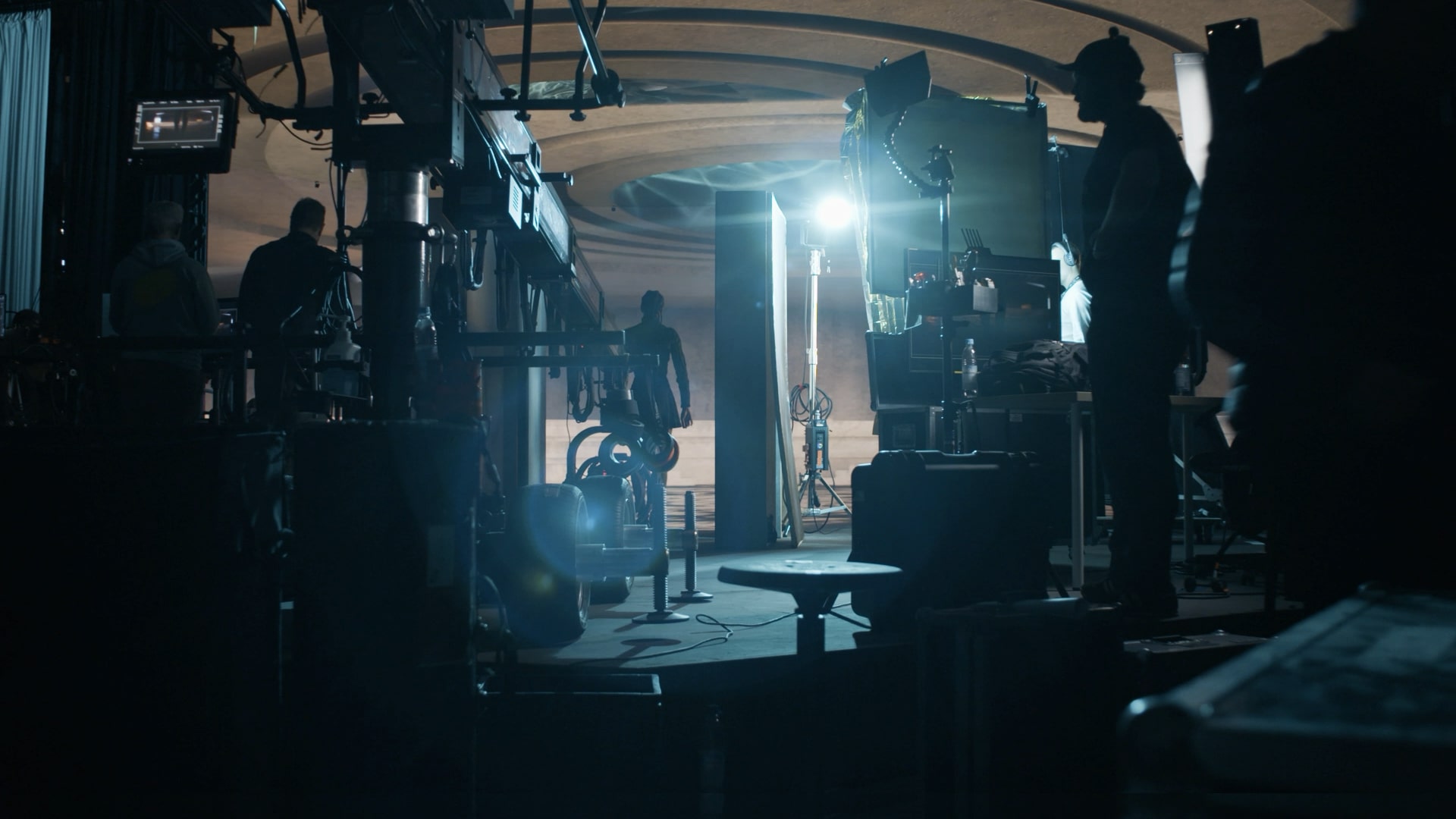 Behind the scenes on a HYPERBOWL virtual production set with an actress performing for the camera