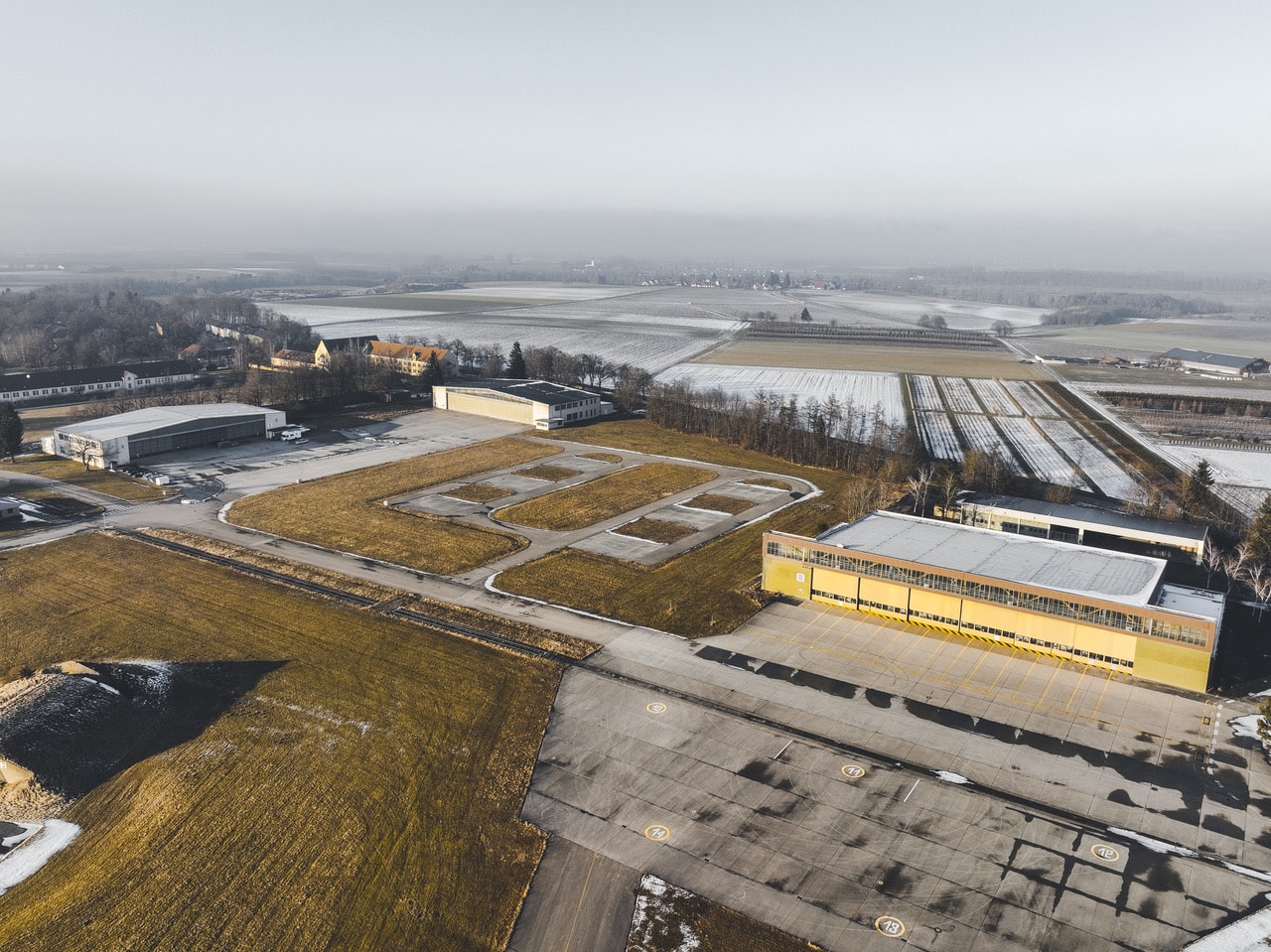 Aerial view of penzing studios and the HYPERBOWL virtual production hangar