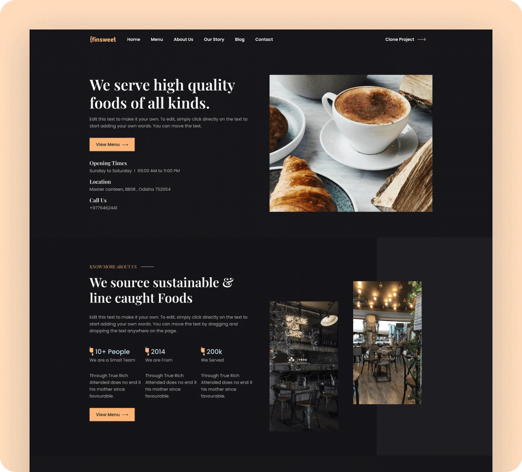 Restaurant template for Webflow