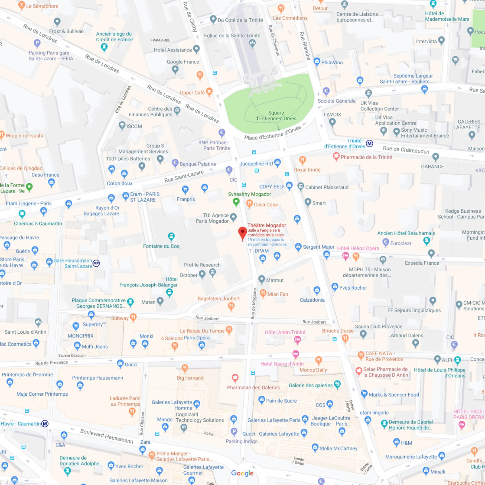 Plan de localisation du Théâtre Mogador à Paris.