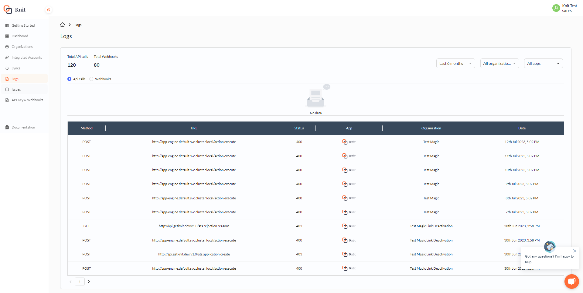 API logs and issues