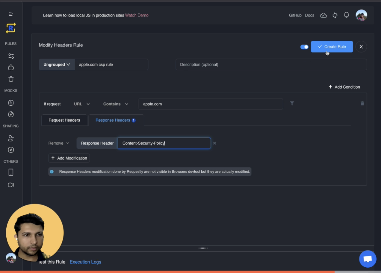 Modify CSP in Requestly with Modify headers rule