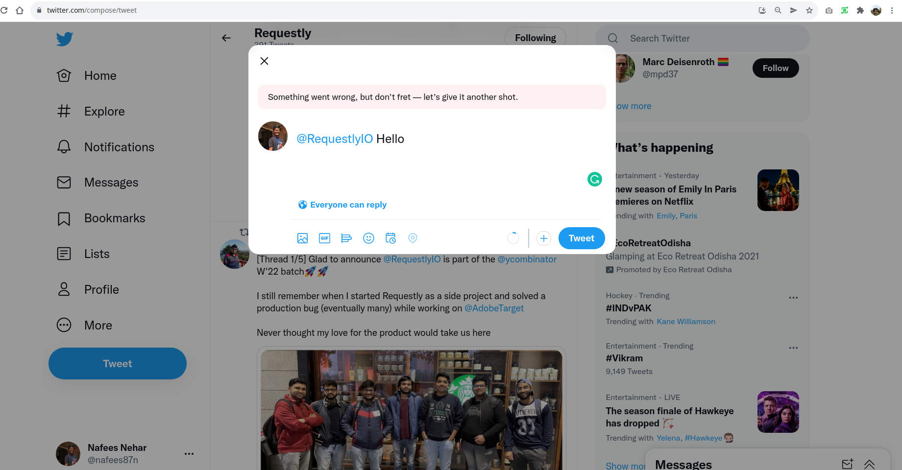 500 error response simulated when tweeting
