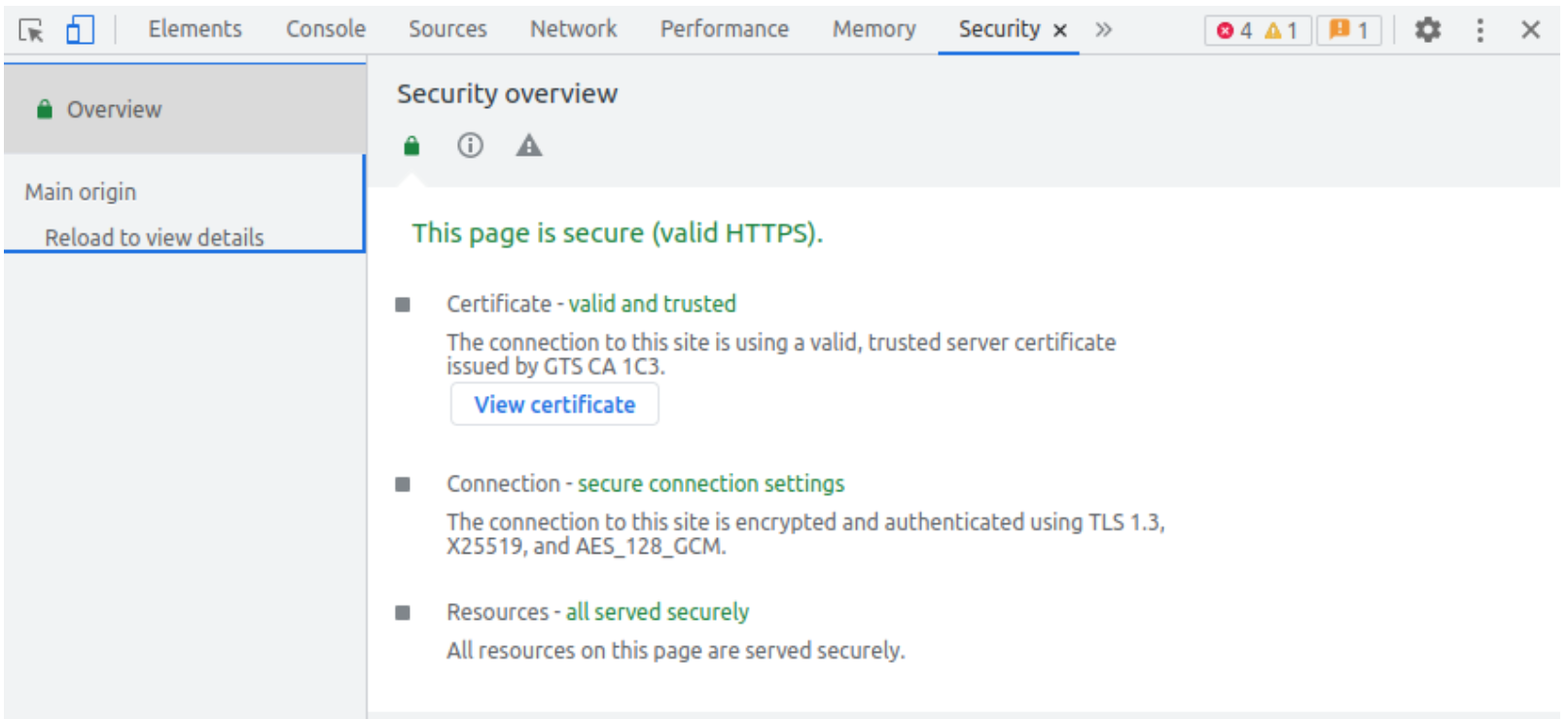 Security Tab in in Chrome Devtools