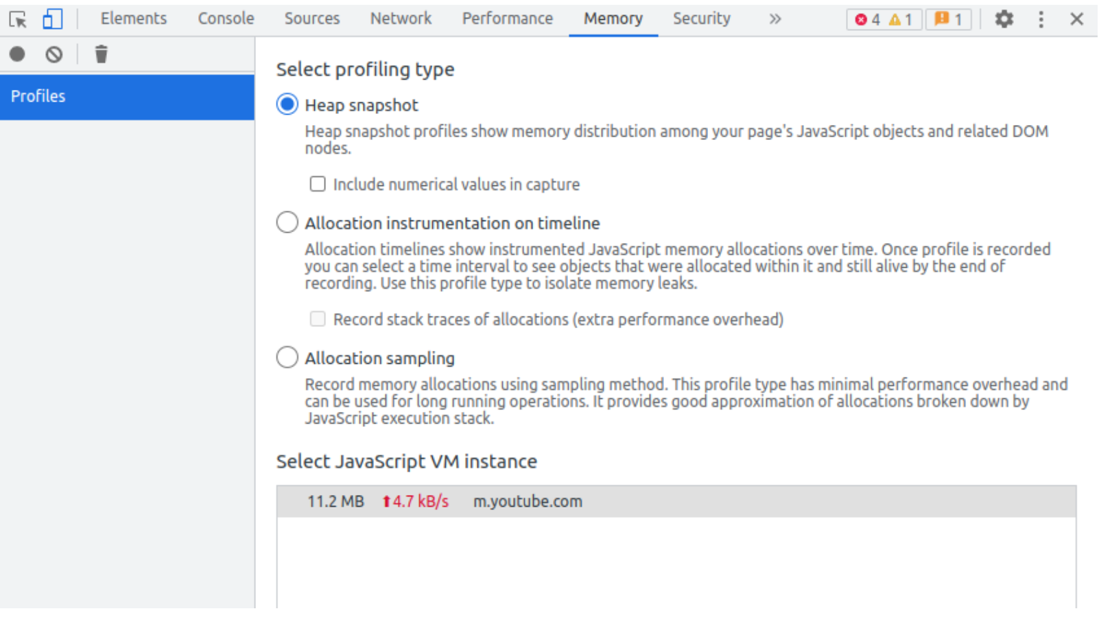 Memory Tab in Chrome Devtools