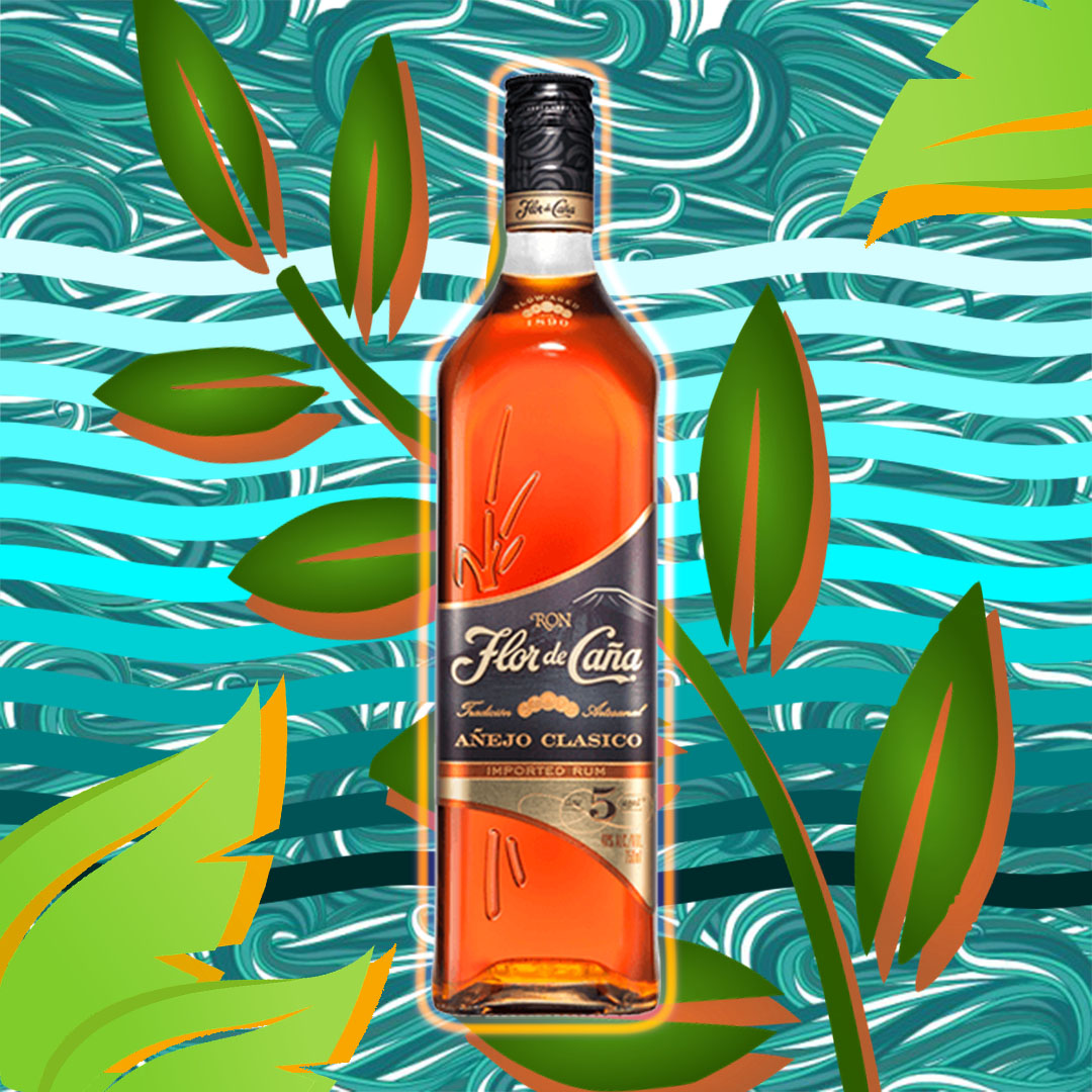 Bottle of rum with decorative, tropical background.
