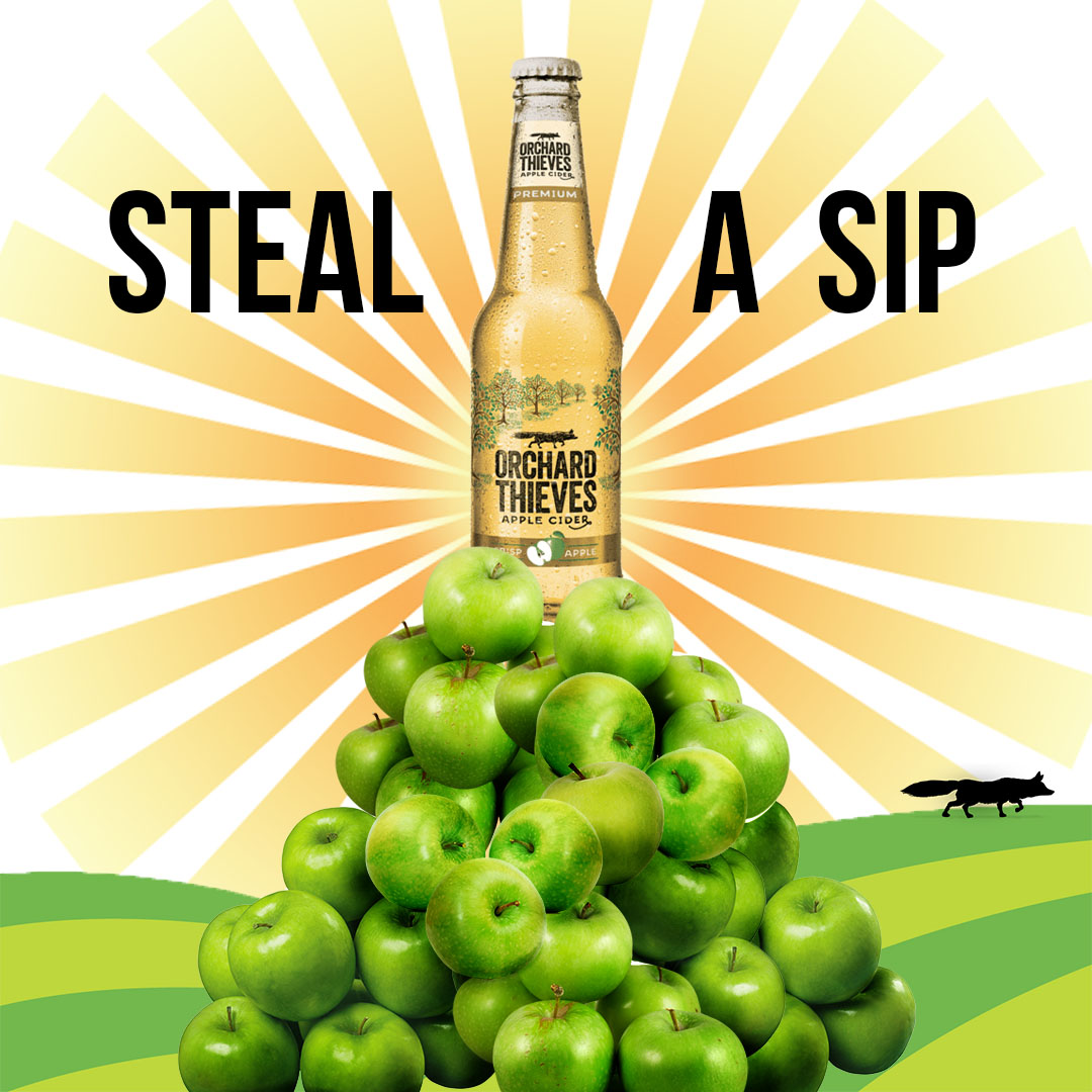 Bottle of cider with apple background and tagline "Steal a Sip"