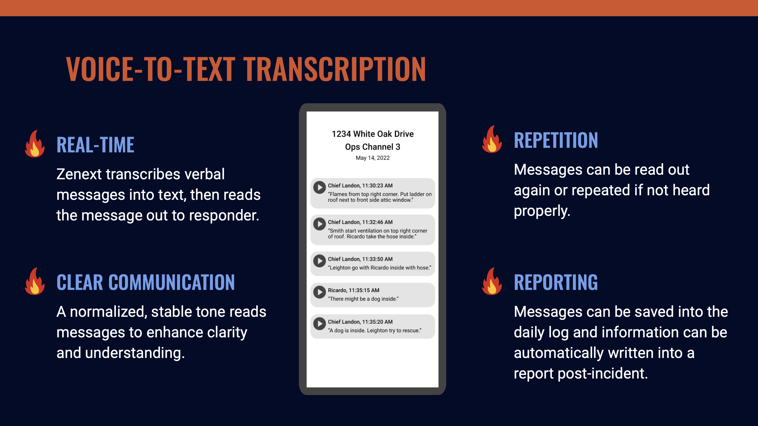 Powerpoint slide showing the benefits to voice-to-text transcription for firefighters.