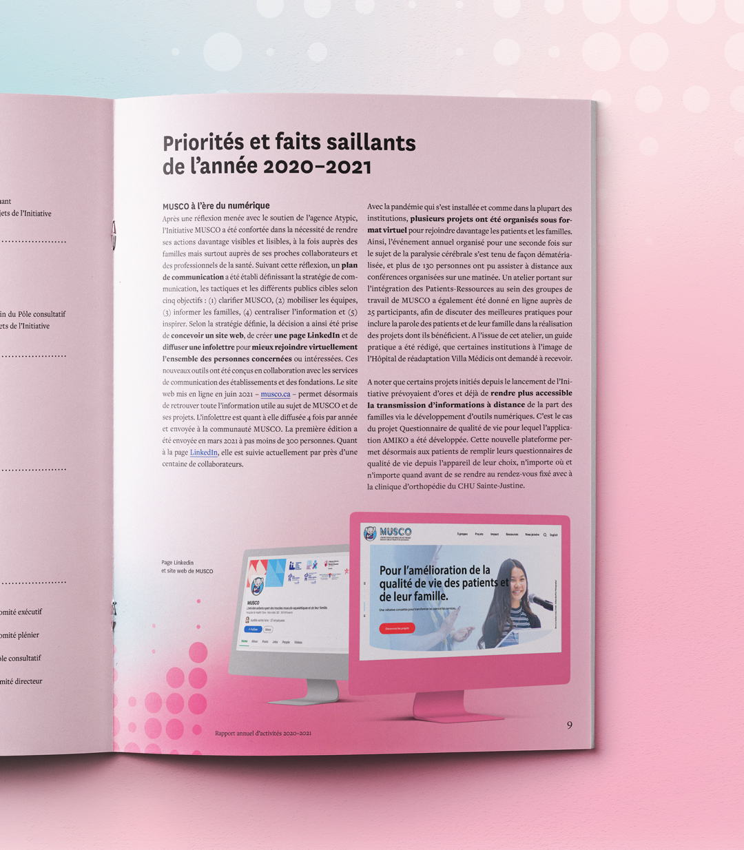 Page intérieure du rapport annuel MUSCO – Priorité et faits saillants de l’année 2020–2021