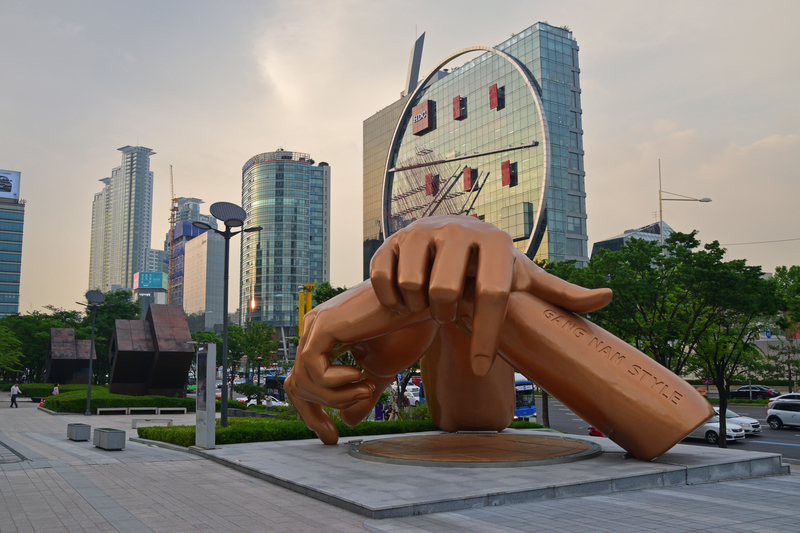 The giant size statue, gold bronze colour and erected outside the COEX shopping centre, is dedicated to the South Korean viral dance pop music hit by Psy.