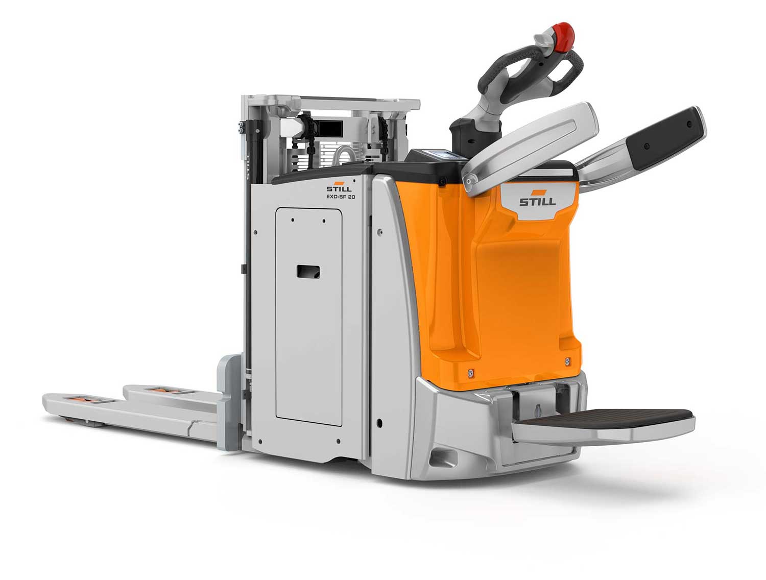 Grauer Gabelstapler von STILL mit orangener Front